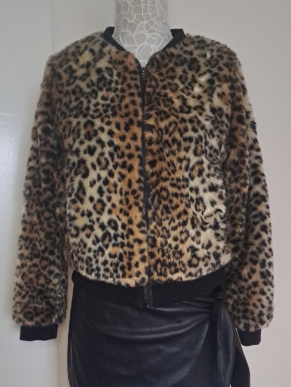 Skies Are Blue Leopard Print Faux Fur Bomber Jacket - Brown/Tan/Black - Picture 3 of 12